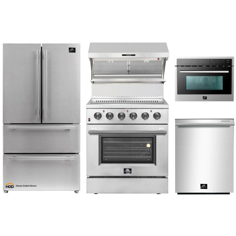 Forno 5-Piece Appliance Package - 30-Inch Electric Range, Wall Mount Range Hood with Backsplash, French Door Refrigerator, Dishwasher, and MicrowaveOven in Stainless Steel