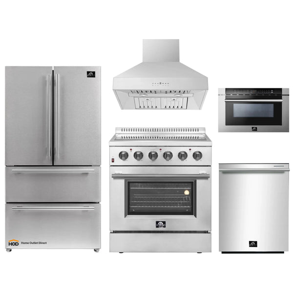 Forno 5-Piece Appliance Package - 30-Inch Electric Range, Wall Mount Range Hood, French Door Refrigerator, Dishwasher, and Microwave Drawer in Stainless Steel