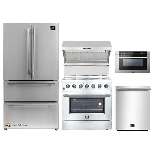 Forno 5-Piece Appliance Package - 36-Inch Electric Range, Wall Mount Range Hood with Backsplash, French Door Refrigerator, Dishwasher, and 24-Inch Microwave Drawer in Stainless Steel