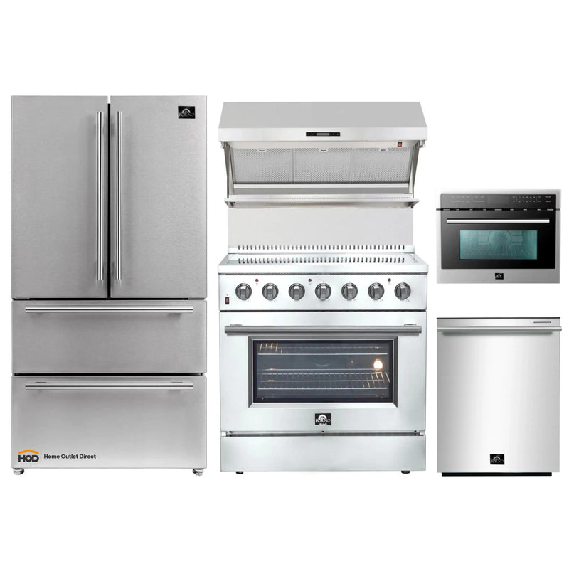 Forno 5-Piece Appliance Package - 36-Inch Electric Range, Wall Mount Range Hood with Backsplash, French Door Refrigerator, Dishwasher, and 24-Inch Microwave Oven in Stainless Steel