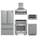 Forno 5-Piece Pro Appliance Package - 30-Inch Dual Fuel Range, Refrigerator, Wall Mount Hood, 30-Inch Microwave Drawer, & 3-Rack Dishwasher in Stainless Steel