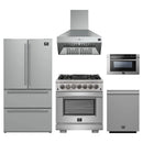 Forno 5-Piece Pro Appliance Package - 30-Inch Dual Fuel Range, Refrigerator, Wall Mount Hood, 24-Inch Microwave Drawer, & 3-Rack Dishwasher in Stainless Steel