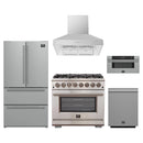 Forno 5-Piece Pro Appliance Package - 36-Inch Dual Fuel Range, Refrigerator, Wall Mount Hood, 30-Inch Microwave Drawer, & 3-Rack Dishwasher in Stainless Steel