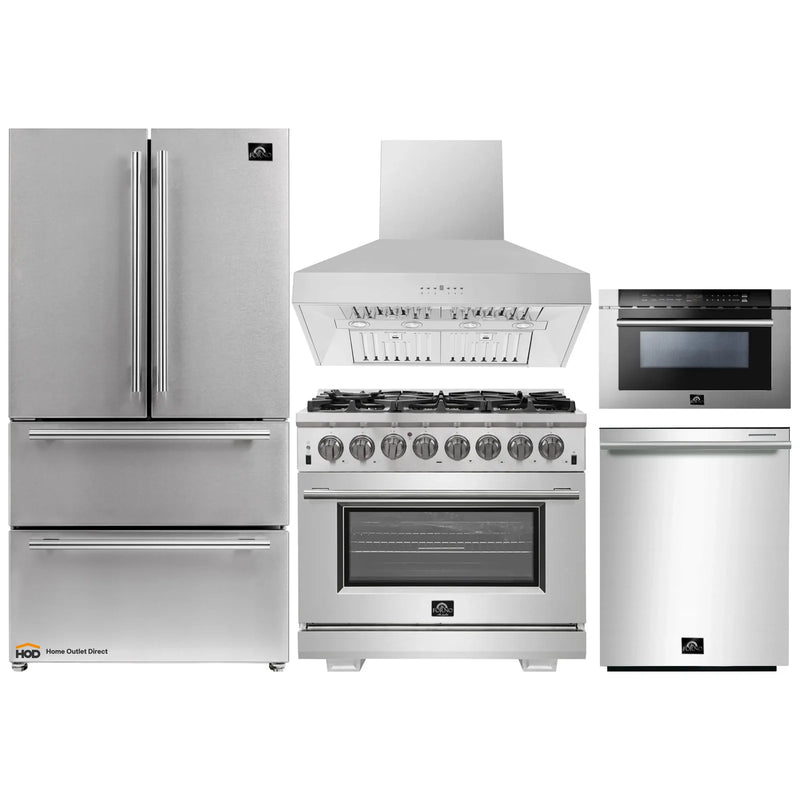 Forno 5-Piece Pro Appliance Package - 36" Dual Fuel Range, 36" Refrigerator, Wall Mount Hood, Microwave Drawer, & 3-Rack Dishwasher in Stainless Steel