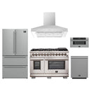 Forno 5-Piece Pro Appliance Package - 48-Inch Dual Fuel Range, Refrigerator, Wall Mount Hood, 30-Inch Microwave Drawer, & 3-Rack Dishwasher in Stainless Steel