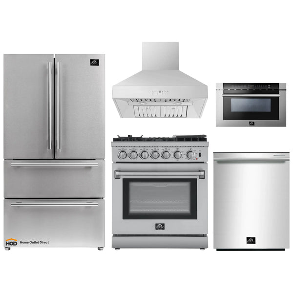Forno 5-Piece Appliance Package - 30-Inch Dual Fuel Range with Air Fryer, Refrigerator, Wall Mount Hood, Microwave Drawer, & 3-Rack Dishwasher in Stainless Steel