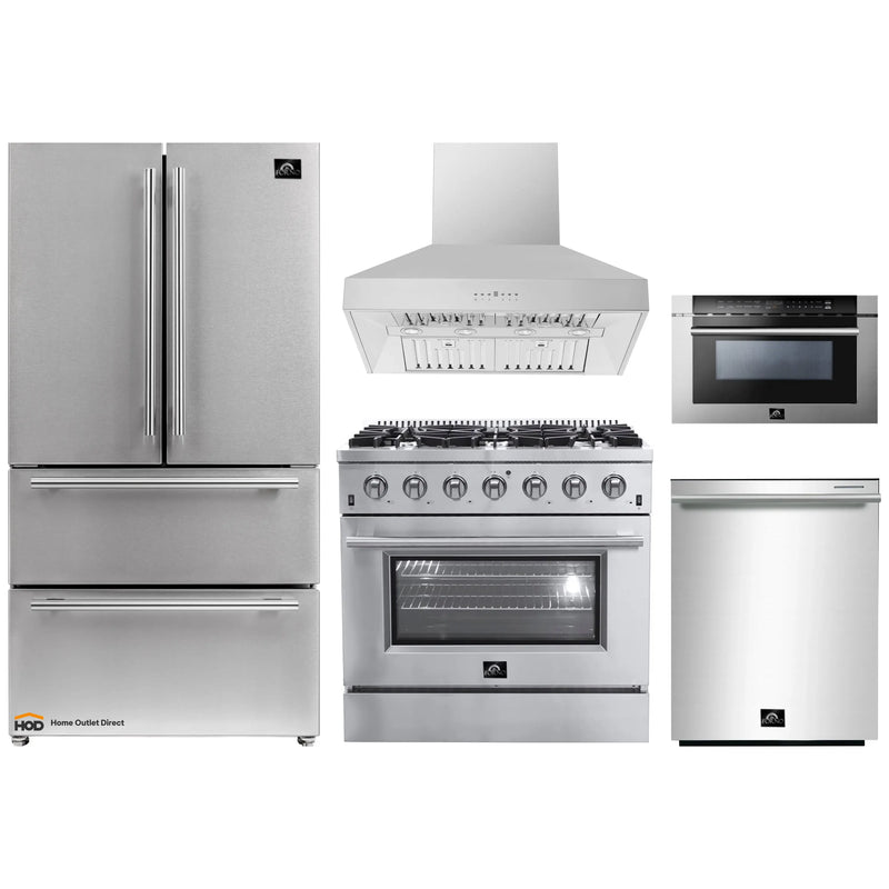 Forno 5-Piece Appliance Package - 36" Gas Range, 36" Refrigerator, Wall Mount Hood, Microwave Drawer, & 3-Rack Dishwasher in Stainless Steel