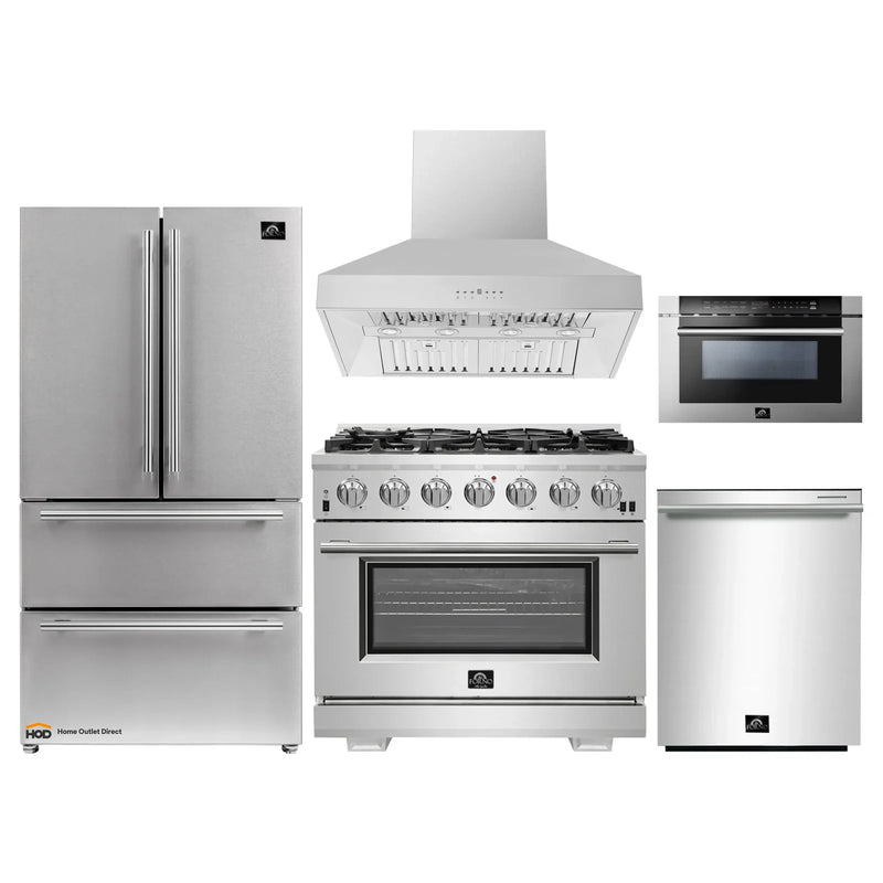 Forno 5-Piece Pro Appliance Package - 36" Gas Range, 36" Refrigerator, Wall Mount Hood, Microwave Drawer, & 3-Rack Dishwasher in Stainless Steel
