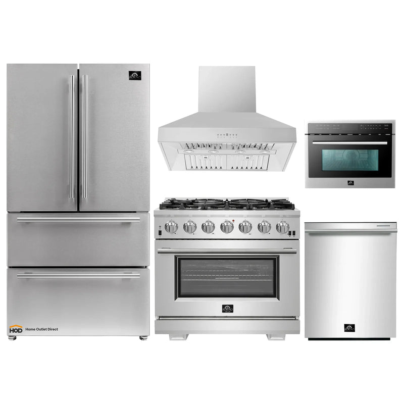 Forno 5-Piece Pro Appliance Package - 36" Gas Range, 36" Refrigerator, Wall Mount Hood, Microwave Oven, & 3-Rack Dishwasher in Stainless Steel