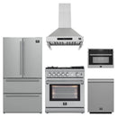 Forno 5-Piece Appliance Package - 30-Inch Gas Range with Air Fryer, Refrigerator, Wall Mount Hood, Microwave Oven, & 3-Rack Dishwasher in Stainless Steel