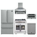 Forno 5-Piece Pro Appliance Package - 30-Inch Capriasca French Door Dual Fuel Range, Refrigerator, Wall Mount Hood, 30-Inch Microwave Drawer, & 3-Rack Dishwasher in Stainless Steel
