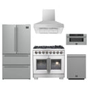 Forno 5-Piece Pro Appliance Package - 36-Inch Capriasca French Door Dual Fuel Range, Refrigerator, Wall Mount Hood, 30-Inch Microwave Drawer, & 3-Rack Dishwasher in Stainless Steel