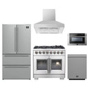 Forno 5-Piece Pro Appliance Package - 36-Inch Capriasca French Door Dual Fuel Range, Refrigerator, Wall Mount Hood, 24-Inch Microwave Drawer, & 3-Rack Dishwasher in Stainless Steel