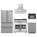 Forno 5-Piece Pro Appliance Package - 36-Inch Capriasca French Door Dual Fuel Range, Refrigerator, Wall Mount Hood, 24-Inch Microwave Oven, & 3-Rack Dishwasher in Stainless Steel