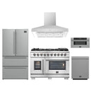 Forno 5-Piece Pro Appliance Package - 48-Inch Capriasca French Door Dual Fuel Range, Refrigerator, Wall Mount Hood, 30-Inch Microwave Drawer, & 3-Rack Dishwasher in Stainless Steel