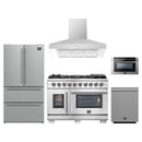 Forno 5-Piece Pro Appliance Package - 48-Inch Capriasca French Door Dual Fuel Range, Refrigerator, Wall Mount Hood, Microwave Drawer, & 3-Rack Dishwasher in Stainless Steel