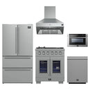 Forno 5-Piece Pro Appliance Package - 30-Inch Capriasca French Door Gas Range, Refrigerator, Wall Mount Hood, 24-Inch Microwave Drawer, & 3-Rack Dishwasher in Stainless Steel