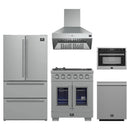 Forno 5-Piece Pro Appliance Package - 30-Inch Capriasca French Door Gas Range, 36-Inch Refrigerator Wall Mount Hood, 24-Inch Microwave Oven, & 3-Rack Dishwasher in Stainless Steel