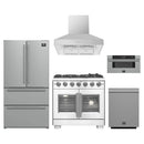 Forno 5-Piece Pro Appliance Package - 36-Inch Capriasca French Door Gas Range, Refrigerator, Wall Mount Hood, 30-Inch Microwave Drawer, & 3-Rack Dishwasher in Stainless Steel