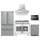 Forno 5-Piece Pro Appliance Package - 36-Inch Capriasca French Door Gas Range, Refrigerator, Wall Mount Hood, 24-Inch Microwave Drawer, & 3-Rack Dishwasher in Stainless Steel
