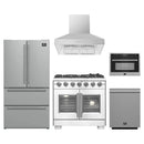 Forno 5-Piece Pro Appliance Package - 36-Inch Capriasca French Door Gas Range, Refrigerator, Wall Mount Hood, 24-Inch Microwave Oven, & 3-Rack Dishwasher in Stainless Steel