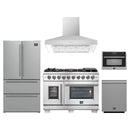 Forno 5-Piece Pro Appliance Package - 48-Inch Capriasca French Door Gas Range, Refrigerator, Wall Mount Hood, Microwave Oven, & 3-Rack Dishwasher in Stainless Steel