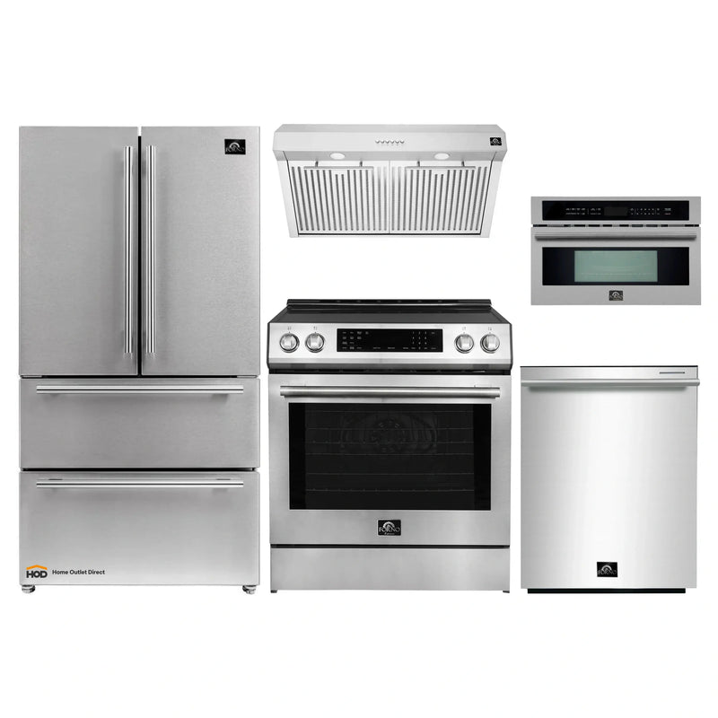 Forno 5-Piece Appliance Package - 30-Inch Induction Range, Under Cabinet Range Hood, Refrigerator, Dishwasher, and  30-Inch Microwave Oven in Stainless Steel