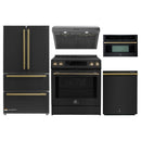 Forno 5-Piece Appliance Package - 30-Inch Induction Range, Under Cabinet Range Hood, Refrigerator, Dishwasher, and 30-Inch Microwave Oven in Black with Antique Brass Trim
