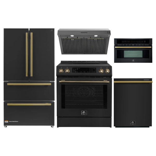 Forno 5-Piece Appliance Package - 30-Inch Induction Range, Under Cabinet Range Hood, Refrigerator, Dishwasher, and 30-Inch Microwave Oven in Black with Antique Brass Trim