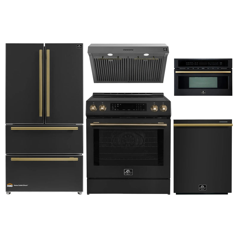 Forno 5-Piece Appliance Package - 30-Inch Induction Range, Under Cabinet Range Hood, Refrigerator, Dishwasher, and 30-Inch Microwave Oven in Black with Antique Brass Trim