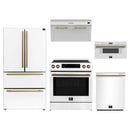 Forno 5-Piece Appliance Package - 30-Inch Induction Range, Under Cabinet Range Hood, French Door Refrigerator, Dishwasher, and 30-Inch Microwave Drawer in White with Antique Brass Trim
