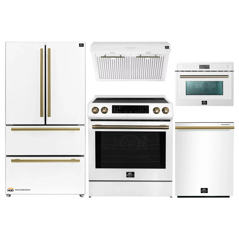 Forno 5-Piece Appliance Package - 30-Inch Inducton Range, Under Cabinet Range Hood, Refrigerator, Dishwasher, and  24-Inch Microwave Oven in White with Antique Brass Trim