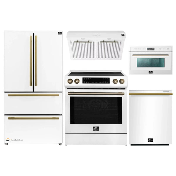 Forno 5-Piece Appliance Package - 30-Inch Induction Range, Under Cabinet Range Hood, Refrigerator, Dishwasher, and 30-Inch Microwave Oven in White with Antique Brass Trim
