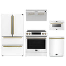 Forno 5-Piece Appliance Package - 30-Inch Induction Range, Under Cabinet Range Hood, Refrigerator, Dishwasher, and  Microwave Drawer in White with Antique Brass Trim