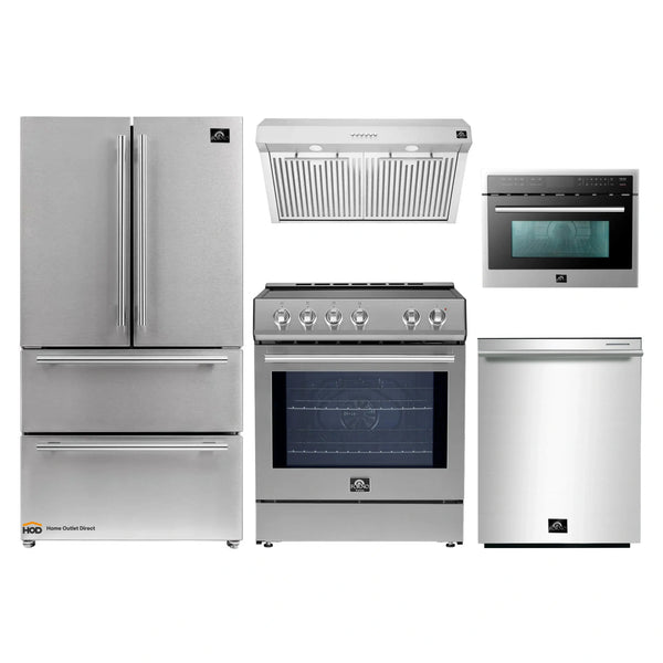 Forno 5-Piece Appliance Package - 30-Inch Inducton Range, Under Cabinet Range Hood, Refrigerator, Dishwasher, and 24-Inch Microwave Oven in Stainless Steel