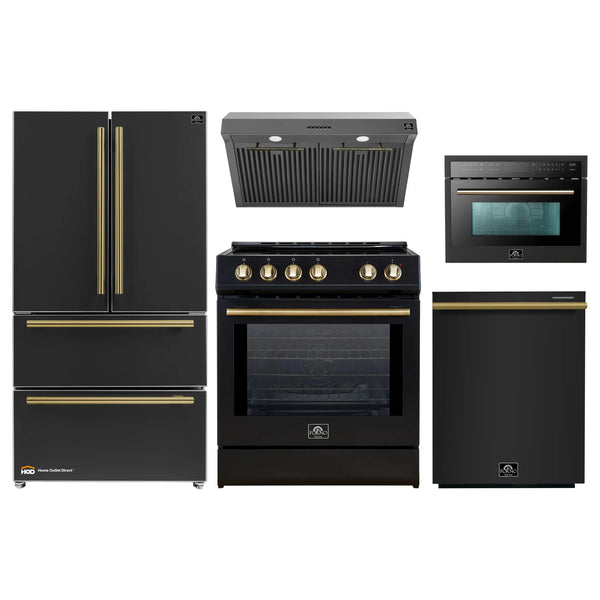 Forno 5-Piece Appliance Package - 30-Inch Inducton Range, Under Cabinet Range Hood, Refrigerator, Dishwasher, and 24-Inch Microwave Oven in Black with Antique Brass Trim