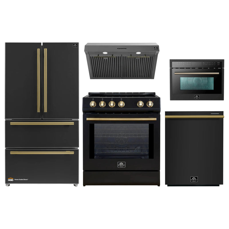 Forno 5-Piece Appliance Package - 30-Inch Inducton Range, Under Cabinet Range Hood, Refrigerator, Dishwasher, and 24-Inch Microwave Oven in Black with Antique Brass Trim
