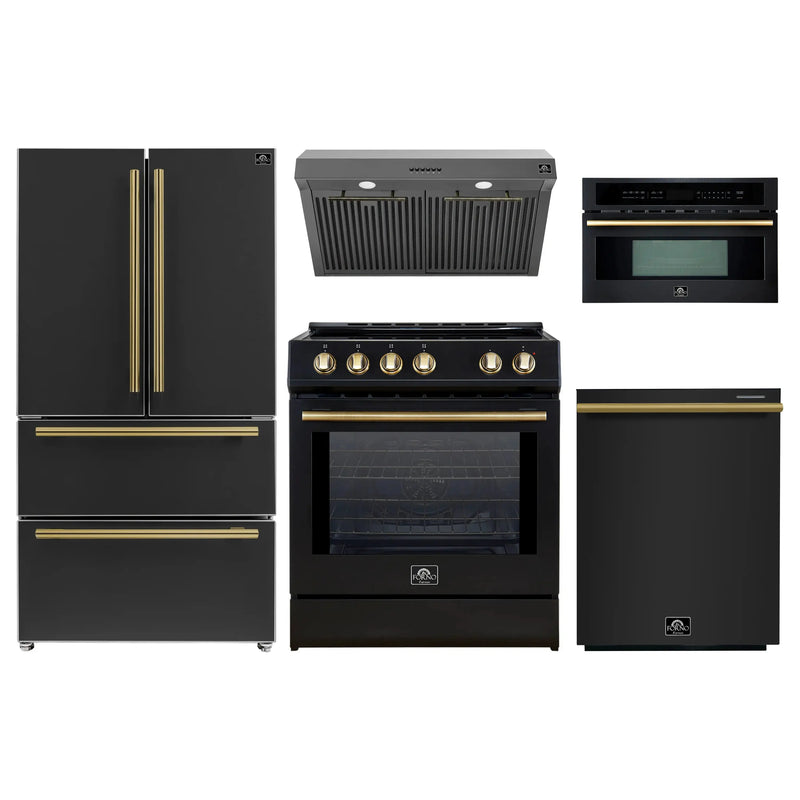 Forno 5-Piece Appliance Package - 30-Inch Induction Range, Under Cabinet Range Hood, Refrigerator, Dishwasher, and  30-Inch Microwave Oven in Black with Antique Brass Trim