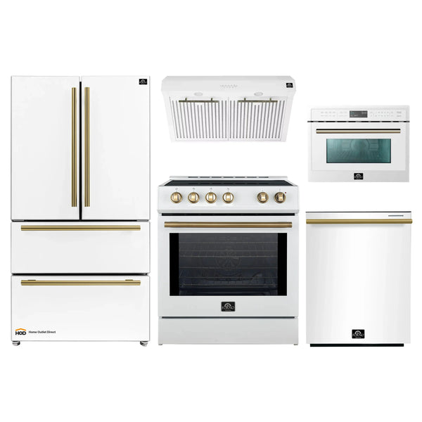 Forno 5-Piece Appliance Package - 30-Inch Inducton Range, Under Cabinet Range Hood, Refrigerator, Dishwasher, and 24-Inch Microwave Oven in White with Antique Brass Trim