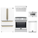 Forno 5-Piece Appliance Package - 30-Inch Induction Range, Under Cabinet Range Hood,  French Door Refrigerator, Dishwasher, and  Microwave Drawer in White with Antique Brass Trim