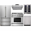Thor Kitchen 5-Piece Pro Appliance Package - 36-Inch Dual Fuel Range with Liquid Propane Cooktop, French Door Refrigerator, Under Cabinet Hood, Dishwasher, and Wine Cooler in Stainless Steel