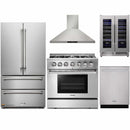 Thor Kitchen 5-Piece Pro Appliance Package - 36-Inch Dual Fuel Range with Liquid Propane Cooktop, French Door Refrigerator, Wall Mount Hood, Dishwasher, and Wine Cooler in Stainless Steel