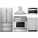 Thor Kitchen 5-Piece Pro Appliance Package - 36-Inch Dual Fuel Range with Liquid Propane Cooktop, French Door Refrigerator, Wall Mount Hood, Dishwasher & Microwave Drawer in Stainless Steel