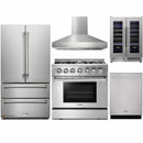 Thor Kitchen 5-Piece Pro Appliance Package - 36-Inch Dual Fuel Range with Liquid Propane Cooktop, French Door Refrigerator, Pro-Style Wall Mount Hood, Dishwasher, and Wine Cooler in Stainless Steel
