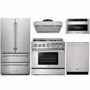 Thor Kitchen 5-Piece Pro Appliance Package - 36-Inch Dual Fuel Range with Liquid Propane Cooktop, French Door Refrigerator, Under Cabinet Hood, Dishwasher, and Microwave Drawer in Stainless Steel