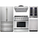 Thor Kitchen 5-Piece Pro Appliance Package - 36-Inch Gas Range with Liquid Propane Kit, French Door Refrigerator, Under Cabinet Hood, Dishwasher, and Wine Cooler in Stainless Steel