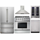 Thor Kitchen 5-Piece Pro Appliance Package - 36-Inch Gas Range with Liquid Propane Kit, French Door Refrigerator, Wall Mount Hood, Dishwasher, and Wine Cooler in Stainless Steel