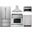 Thor Kitchen 5-Piece Pro Appliance Package - 36-Inch Gas Range with Liquid Propane Kit, French Door Refrigerator, Wall Mount Hood, Dishwasher, and Microwave Drawer in Stainless Steel