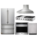 Thor Kitchen 5-Piece Pro Appliance Package - 48" Rangetop, Wall Oven, Wall Mount Hood, Dishwasher & Refrigerator in Stainless Steel