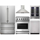 Thor Kitchen 5-Piece Appliance Package - 30-Inch Gas Range with Liquid Propane Kit, French Door Refrigerator, Wall Mount Hood, Dishwasher, and Wine Cooler in Stainless Steel
